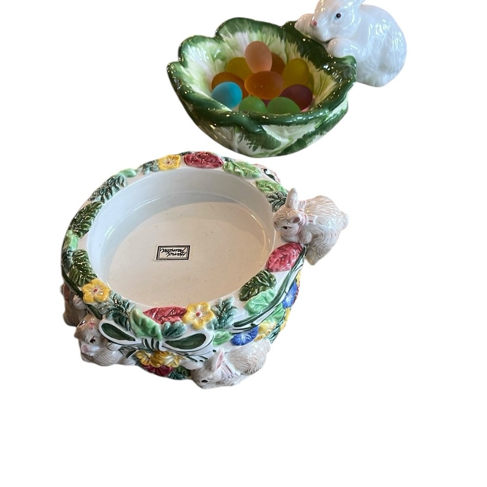 Fits and Floyd Bunnies and Blooms Candle stand and Ceramic Bunny with Glass Eggs